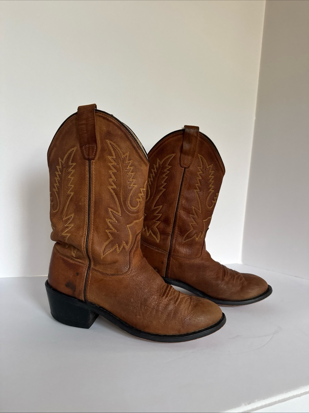 OLD WEST 1129G Western Cowboy Boots Brown Leather Stitched Mens Sz 6 Womens 8